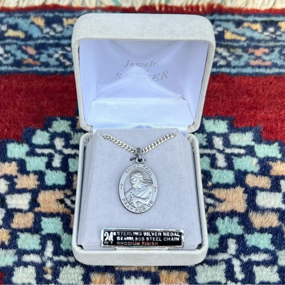 St. Paul Sterling Silver Oval Religious Medal Necklace 24” Stainless Chain